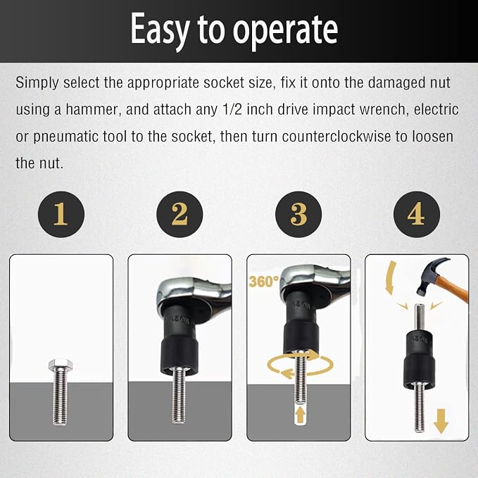 16PCS Twist Lug Nut Socket Set - 1/2 inch Drive Damaged Nut Lock Remover Extractor - Rusted & Strip & Stripped & Stuck Locking Nut Removal Tool Kit with 8-27mm Sockets & Center Punch Bar