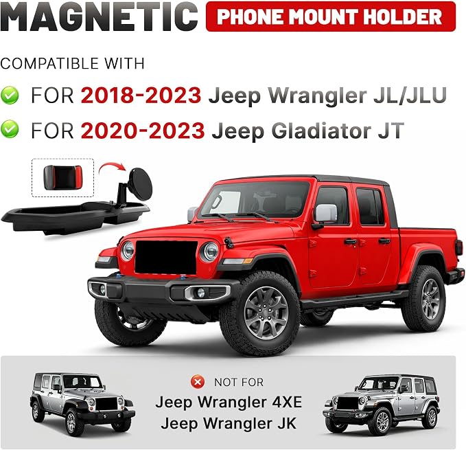 Dash Magnetic Phone Mount for 2018-2023 Jeep Wrangler JL JLU & Gladiator JT Accessories (NOT for 4XE), Multi-Mount 360° Rotating Phone Holder Dashboard Tray with Metal Rod