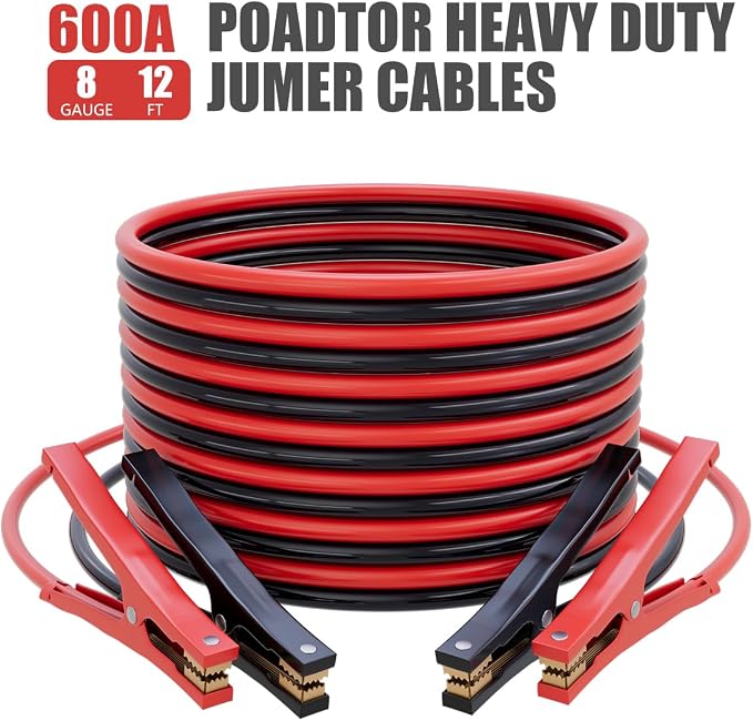 Heavy Duty Jumper Cables for Car Battery, 8 Gauge 12 Feet 600AMP, Automotive Booster Cables for Jump Starting Dead or Weak Batteries, Carrying Bag Included