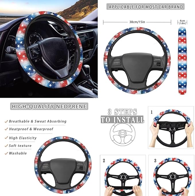 Wanyint Car Accessories 12 PCS, with Car Seat Covers Steering Wheel Seat Belt Pad Armrest Handbrake Gear Shift Cover Coasters Universal 4th of July Auto Interior Decor, Star Stripe US Flag