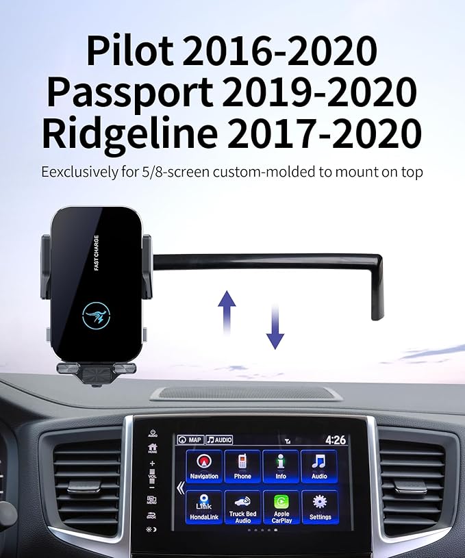 15W Wireless Fast Charger for 2016-2020 Honda Pilot/2019-2020 Passport/2017-2020 Ridgeline Accessories 5/8-inch Screen Fixed Clip, Interior Decoration Mobile Phone Mount, 360° Rotation