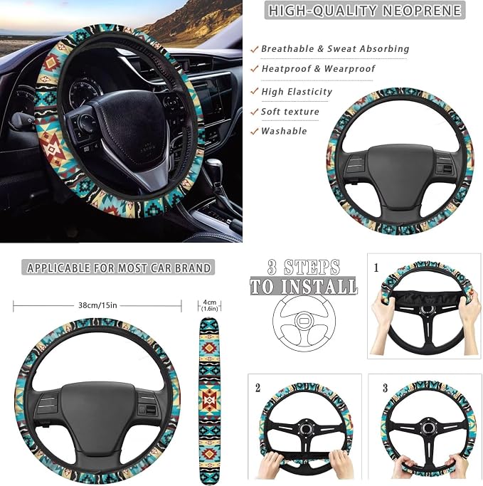 Dreaweet Navajo Seat Covers for Cars Full Set Native American Tribal Geometric Turquoise Seat Cover with Steering Wheel Cover/Center Console Cover/Seatbelt Covers/Coasters/Gear Shift Cover,12 Pcs