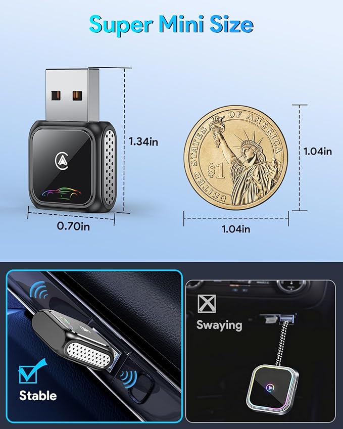 Super Mini Wireless CarPlay Adapter (Latest Upgraded) - Bluetooth Car Play Dongle, Zero Latency, Stable Connection, Compatible with iOS & Android, 2017+ Models, USB/Type-C