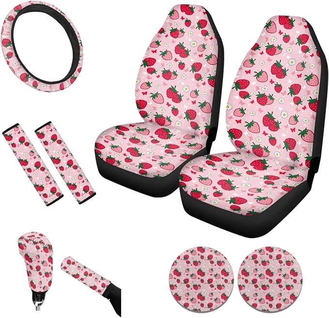 Tupalatus 9 Pcs Strawberry Floral Car Seat Covers 2 Front Seats with Steering Wheel Cover Auto Seat Belt Cover Coasters Gear Shift Cover Hand Brake Cover Washable Easy to Install Car Accessories