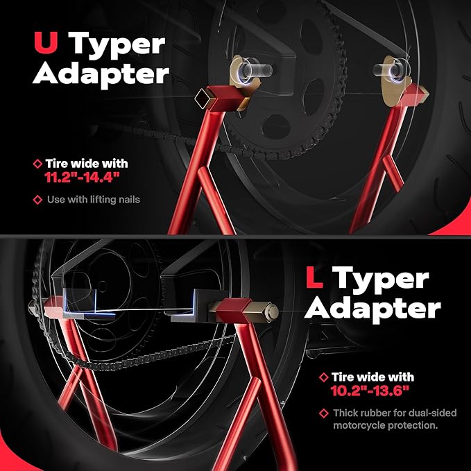 SPECSTAR Motorcycle Stand, 441 Lbs Capacity Rear Wheel Lift with U+L Adjustable Swingarm Spool, Heavy Duty Paddock Stand fit for BMW Suzuki Yamaha Honda Kawasaki, Red