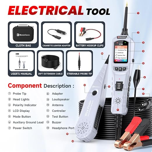 2026 BOSSCOMM P180 Automotive Probe Tester – 9-30V Electrical Power Probe, AC/DC Voltage/Diode/Resistance/Relay/Fuse Test, Wire Tracer, Battery/Fuel Injector Tester, 40FT Cable