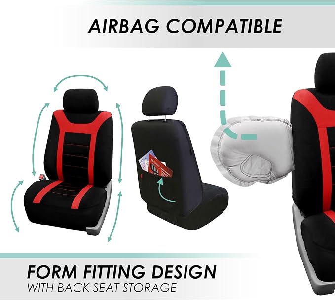 FH Group Car Seat Covers Universal Fit Full Set Interior Accessories, Sports Red Seat Covers with Airbag and Split Rear Automotive Combo Vinyl Floor Mats Seat Covers for Cars Vans Trucks and SUV