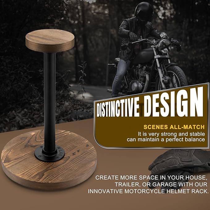 motofans® Industrial style helmet stand, Rustic Burnt Solid Wood and Black Metal Pipe Cap and Wig Display Stand(2pcs)
