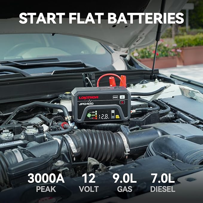 LOKITHOR JPD400 Jump Starter with Air Compressor and Deflator, 3000A Car Battery Jump Starter (9.0L Gas/7.0L Diesel) Jump Box with 150PSI Tire Inflator, 10000mAh Power Bank, LED Light, Jumper Cables