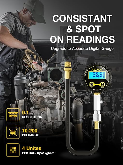 AZUNO Compression Tester Automotive, Digital Compression Gauge 200 PSI for Petrol Engine Cylinder Compression Tester Kit with Adapter & Hose