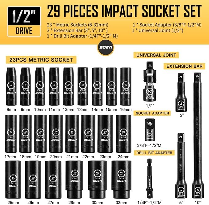 boen 29PCS Metric Socket Set(8mm-32mm) + 20PCS Metric Socket Set(10mm-24mm)