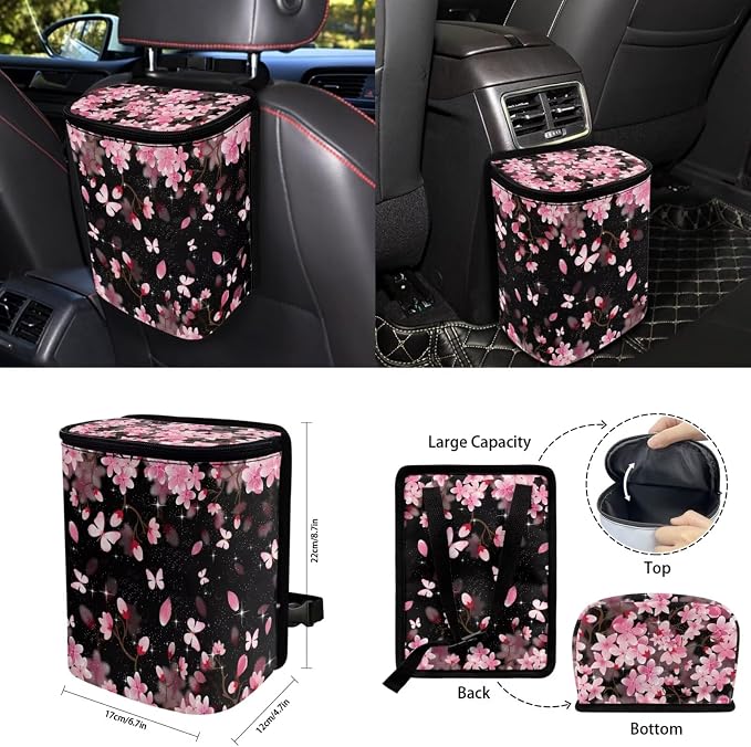 15 Pcs Cherry Blossoms Car Seat Cover Full Set for Women with Car Steering Wheel Cover Seat Belt Cover Trash Bin Front Rear View Mirror Car Cup Holder Keychain
