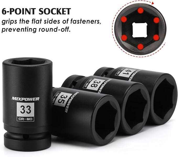 MIXPOWER 8PCS 1"Drive Impact Socket Set - 17mm, 21mm, 13/16" Square, 1-1/2" Budd Wheel, 33mm, 35mm, 38mm, 41mm Deep Impact Sockets for Truck Tire Service