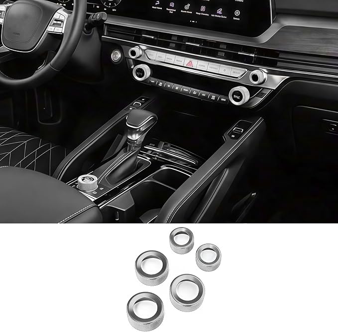 5PCS Aluminum Car Drive Mode Gear Shift Switch Cover,Radio Audio Volume Adjustment Knob Cover,AC Switch Button Knob Cover Compatible with Kia Telluride 2020-2025 Accessories (Silver)