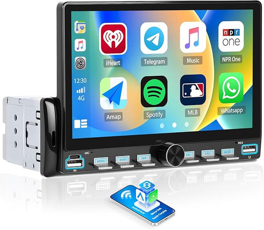 Wireless Apple CarPlay Single Din Car Stereo Bluetooth 7 Inch Touch Screen Android Auto with Bluetooth FM 7 Color Lights EQ Oline Video for Truck & Jeep