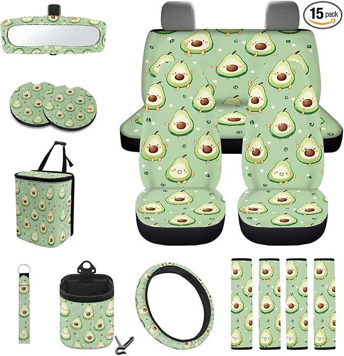 Avocado Print 15Pcs Car Interior Cover Set Includes Car Seat Covers Front and Back Full Set Steering Wheel Cover Safety Belt Pads Rear View Mirror Protector Cup Mats, Green