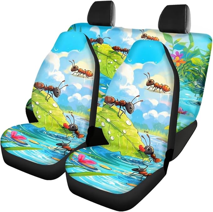 Cute Ant Print 17pcs Car Seat Covers Set Steering Cover Seat Belt Pad Carpet Floor Mat Pads Gift for Women Men 7