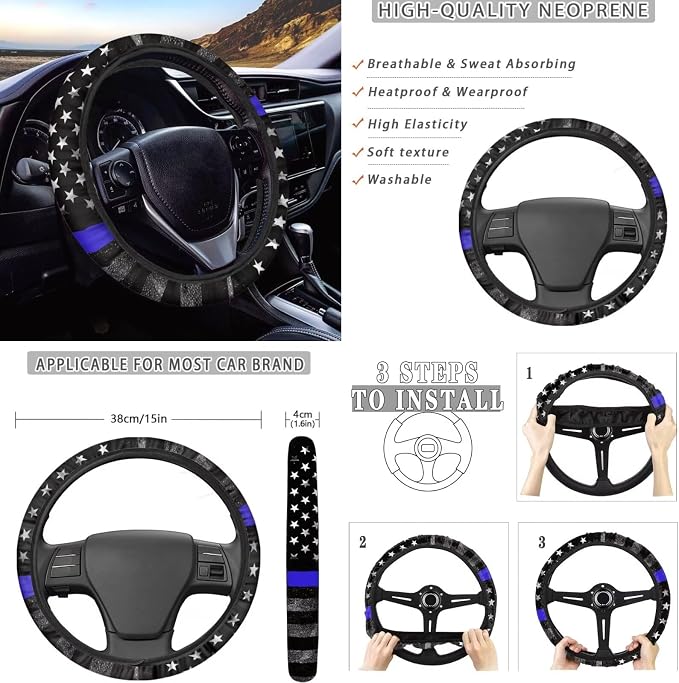 KEIAHUAN USA Flag Car Seat Covers Car Accessories with Cup Coasters/Hand Brake and Gear Shift Knob Cover/Steering Wheel Cover/Headrest Covers Universal Fit for Vans Sedans SUV Truck