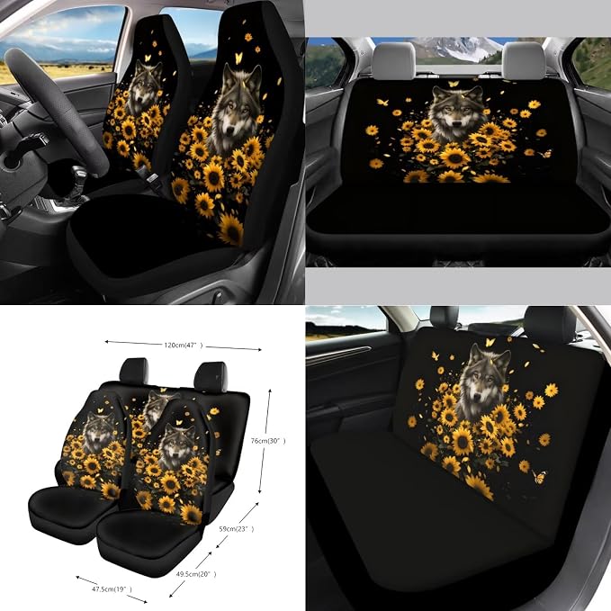 Wolf Sunflower Print Car Seat Covers 15Pcs Full Set Car Steering Wheel Cover Seat Belt Cover Trash Bin Air Vent Storage Box Rear View Mirror Car Cup Holder Keychain, Black