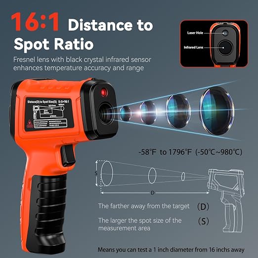 -58°F to 1796°F Infrared Thermometer Gun, Dual-Mode 16:1 | Surface & Internal Temperature Reading，Includes Portable Holster，Humidity & Ambient Temperature Display