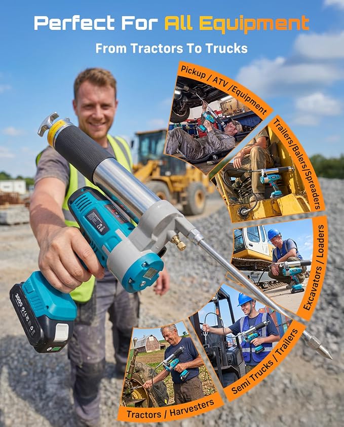 Seesii Electric Grease Gun, 5.8 oz/min Fast Flow Cordless Grease Gun with Auto Lock-On Trigger, 48" Hose, Standard & Quick Release Couplers, Needle Dispenser, Pointed Tip for Tractor & Heavy Equipment | Battery Powered, Auto Faster Greasing, Multi-Coup...