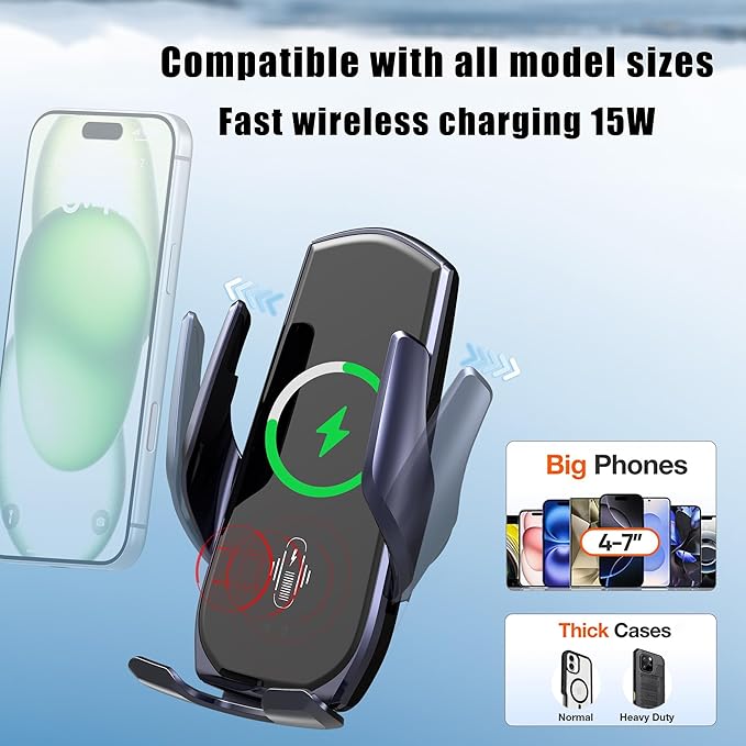 Car Phone Mount for Toyota Tacoma 2016–2023, Smart Auto-Clamping on Custom Dashboard Base, 15W Wireless Fast Charging, 360° Adjustable, Without Blocking Airflow, Toyota Tacoma Essential Accessories