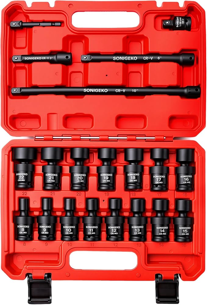 20-Piece 3/8" Drive Impact Swivel Socket Set, CR-Mo, Metric Universal Joint Socket 8mm-22mm, 6-Point, Comes with Extension Bars, Universal Joint, 1/2" to 3/8" & 1/4" to 3/8" Reducer Adapters