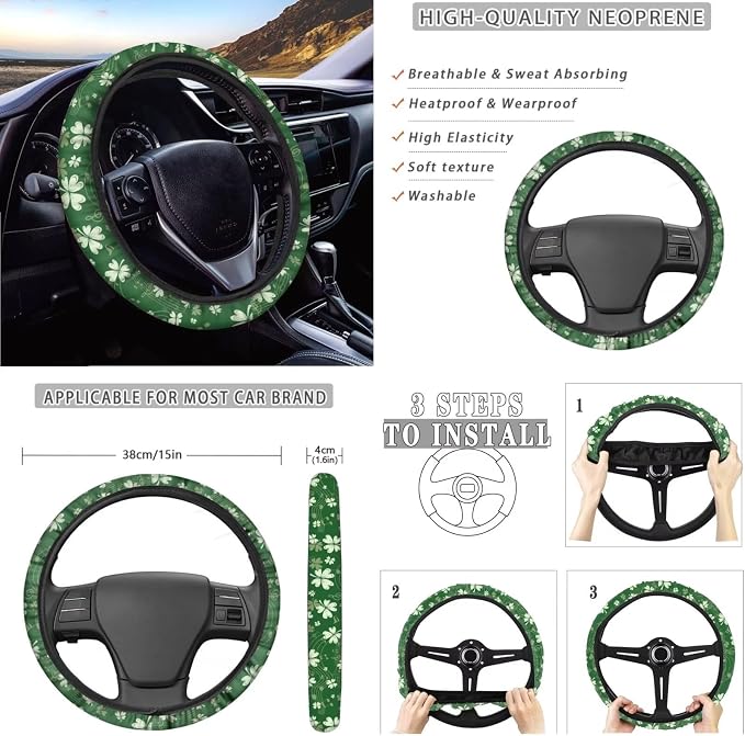 Shamrock Music Note Pattern 10 Pcs Car Seat Covers Full Sets Anti-Slip Steering Wheel Cover and Car Trash Bin with Car Air Vent Storage Cup Holders Lanyard Keychain for Automobile Interior