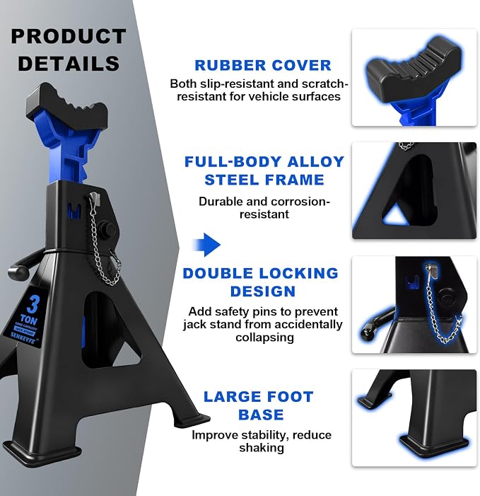 3 Ton (6,600 LBs) Jack Stands with Double Pin Locking,Rubber Cover and Large Foot Base,11"-17" Adjustable Height,Heavy Duty Car Jack Stands,Lifting SUV,MPV,Pickup Truck,ATV/UTV,1 Pair,Blue