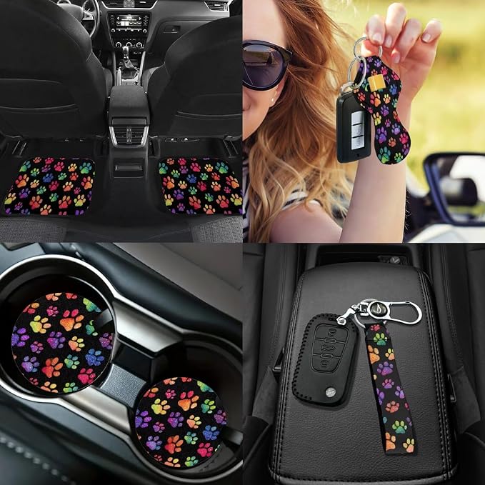 Dog Paw Prints Car Seat Covers Full Sets of 17 Pack,Colorful Dog Paw Prints Car Accessories Sets with Car Rubber Floor Mats,Steering Wheel Car Covers,Cup Coasters,Seat Belt Pads,Universal Fit