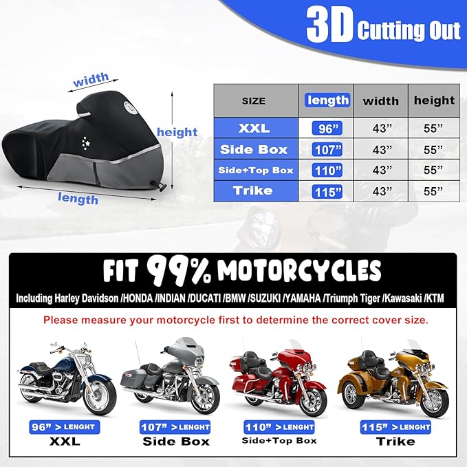 Motorcycle Cover 420D Heavy Duty All Season Universal Weather Waterproof Outdoor Protection 96" XXL Vehicle Cover/Black/Gray
