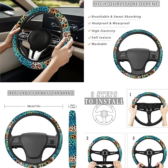 Multicolor Leopard Car Seat Covers Full Set 15 Pcs Universal Car Accessories Steering Wheel Cover Seat Belt Pads Garbage Bag Car Headrest Pillow Covers Armrest Pad