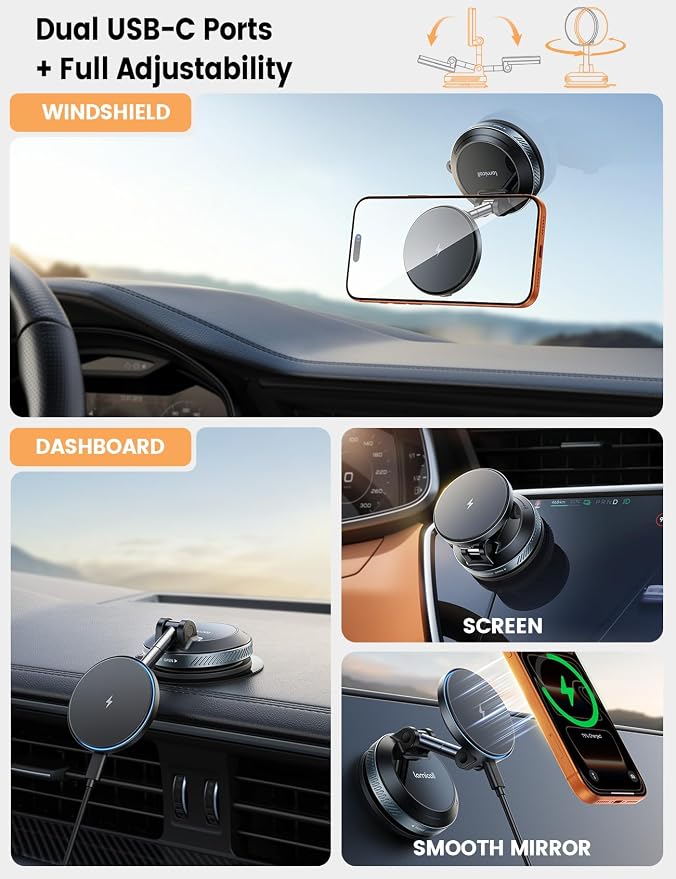 Lamicall 15W for MagSafe Car Mount Charger - Dual USB-C Ports, Magnetic Phone Holder for Car, Magnetic Wireless Car Charger, Vacuum Suction Cup Phone Mount for iPhone 17 Pro Max 16 15 14 Pads Black
