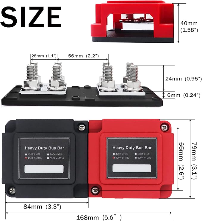 400 Am Power Distribution Block Bus Bar Pair with Cover Marine Bus Bar, Automotive, and Solar Wiring 8x3/8 M10 Studs Heavy Duty Power