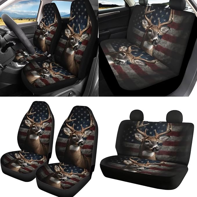 Deer Printed Car Seat Covers with Steering Wheel Cover 4 Pack Seatbelt Pads American Flag Auto Seat Protector Universal Fit Most Vehicles, Auto Accessories, Black
