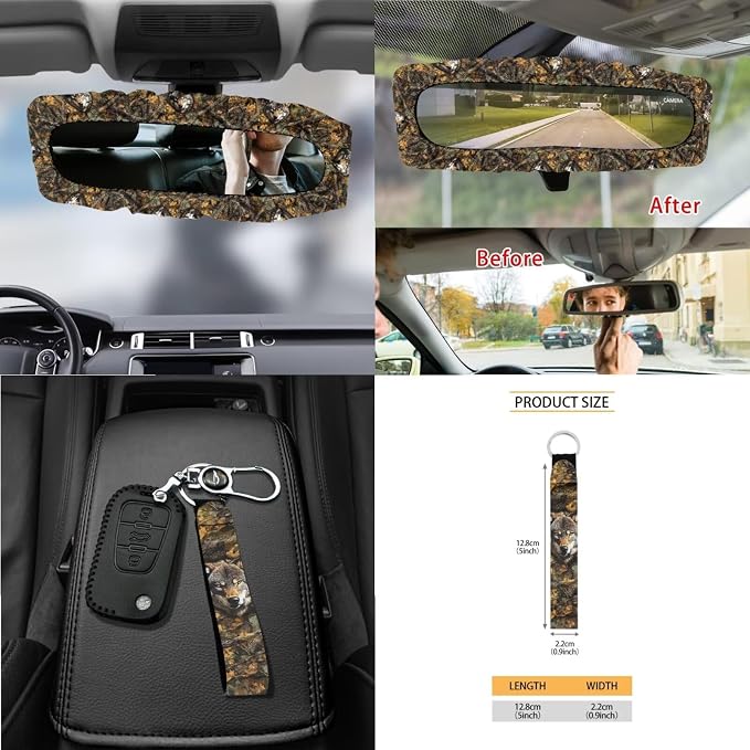 Wolf Hunting Camo Print 15 Pieces Car Accessories, Car Seat Cover Steering Wheel Cushion, Seat Belt Pad Trash Can Air Vent Storage Bag Cup Coasters Rearview Mirror Cover Keychain