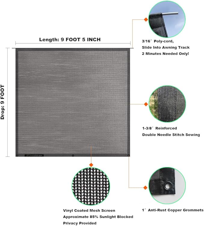 Shadeidea RV Awning Sun Shade Screen for Awning - 9' X 9' 5'' Black Mesh Sunshade Motorhome Camping Trailer UV Sunblocker Canopy Sunscreen - 3 Year Warranty