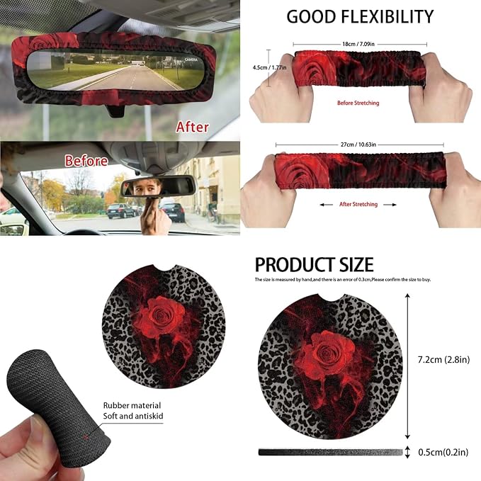 15 Pcs Black Leopard Car Seat Covers Full Set for Women Goth Rose Car Accessories Interior Car Steering Wheel Cover Seatbelt Covers Trash Bin Rear View Mirror Cover Cup Holders Keychain