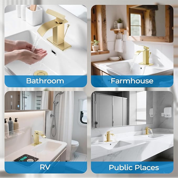 Brushed Gold Bathroom Faucet with Lift Rod Drain, Waterfall Bathroom Sink Faucet Modern Single Handle Bathroom Faucte 1 or 3 Hole, RV Mixer Tap Vanity Faucet Washbasin Faucet with Deck