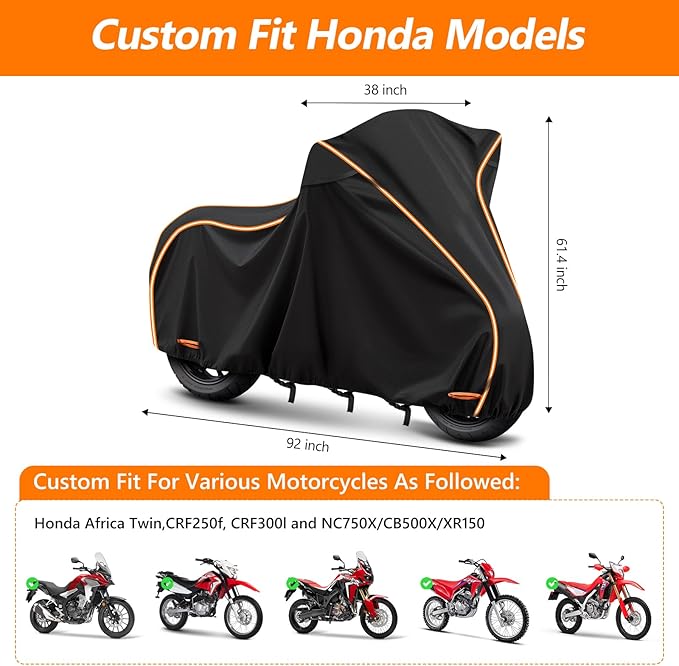 420D Waterproof Motorcycle Cover for Honda Africa Twin,CRF250f, CRF300l and NC750X/CB500X/XR150, Outdoor Bike Cover Windproof Heavy Duty Waterproof All Weather Protection