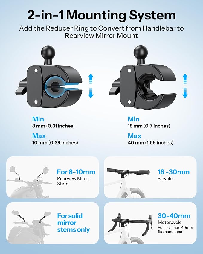 OMOTON Bike Phone Holder 2-Pack, Anti-Vibration Shockproof Motorcycle Phone Mount with Quick Lock & 360° Swivel - Fits Handlebars & Rearview Mirror, for iPhone Samsung All Phones, Black & Blue