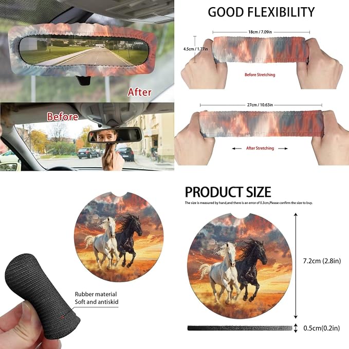 15 Pcs Car Seat Covers Full Set for Women Horse Car Accessories Interior Car Steering Wheel Cover Seatbelt Covers Trash Bin Rear View Mirror Cover Cup Holders Keychain
