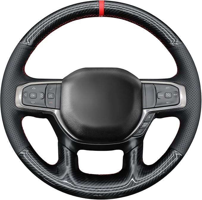 MEWANT Hand-Stitched Steering Wheel Cover Wrap for Dodge Ram 1500 2019-2023 Steering Wheel Accessories for Dodge Ram(Backsides Without Buttons)