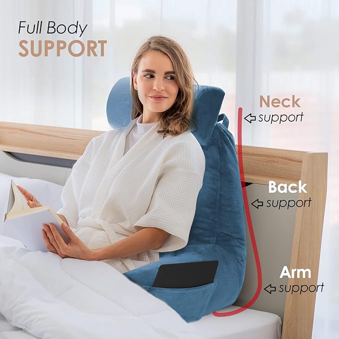 Nestl Reading Pillow with Shredded Memory Foam Includes 2 Neck and Lumber Support Pillows, Designed for Sitting Up in Bed and Couch, Back and Arms Adjustable Support for Adult & Teens, Blue Heaven