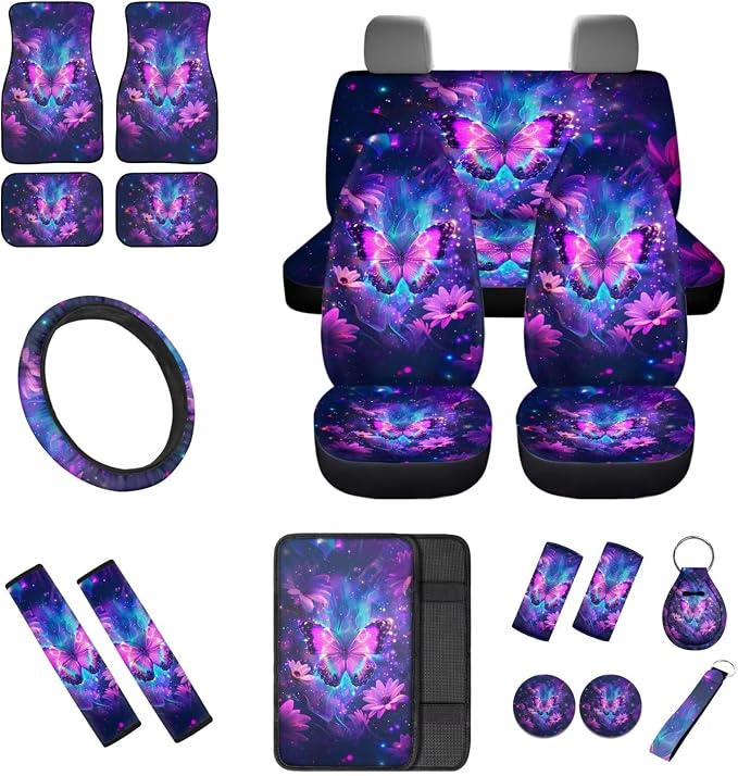 Purple Butterfly Car Accessories Set of 18, Car Seat Cover Full Set with Auto Steering Wheel Cover Floor Mats Armrest Pad Covers Seat Belt Pads Roof Handle Wraps Cup Coaster Keychain