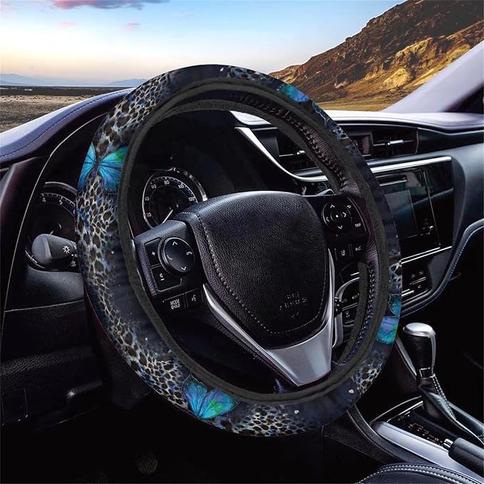 Xoenoiee 11 Pieces Car Seat Covers Interior Accessories Set for Women Universal Fit with Steering Wheel Cover, Seat Belt Pads, Cup Coasters, Keychain - Leopard & Butterfly Pattern