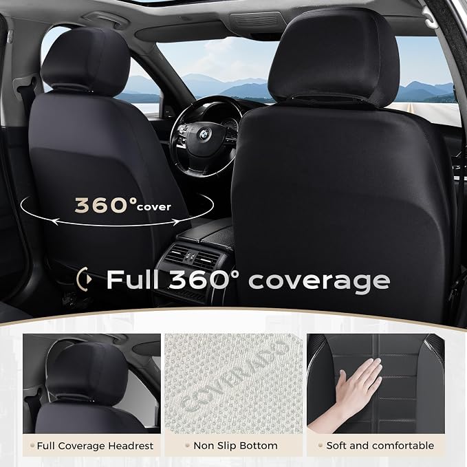Coverado Full Set Leather Car Seat Covers, Crafted with Full Leather Construction and Carbon Fibre Weave Universal Fit for Most Cars SUV Trucks(Black