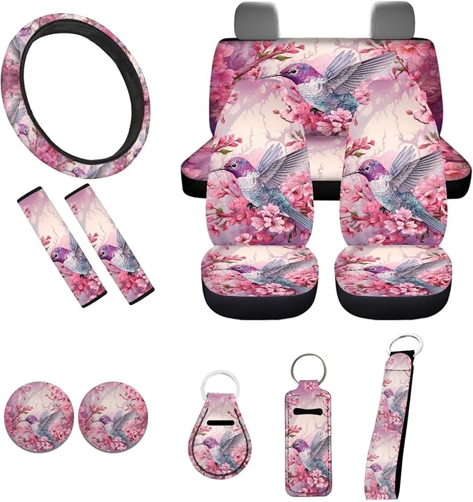 Hummingbird Car Seat Cover Accessory,11Pack Auto Seat Covers for Front Back,Universal Fit Most Vehicle Truck SUV,Auto Steering Wheel Cover Seatbelt Pads Keychain Cup Holder Coasters