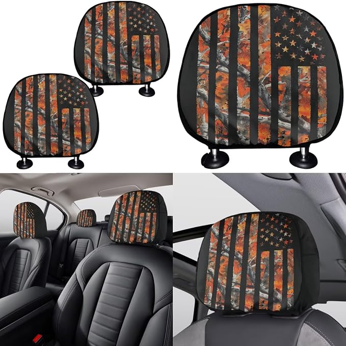 KEIAHUAN Car Seat Covers Front Back Includes Handbrake Gear Shift Knob Cover Steering Wheel Cover Headrest Cover Car Cup Coasters Auto Interior Accessories(Camo Hunting American Flag)
