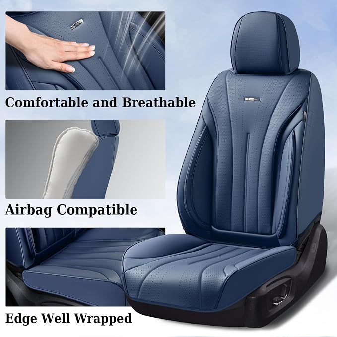 Coverado Front Seat Covers, 2 PCS Leather Seat Cover for Cars, Automotive Seat Cover, Luxury Universal Car Seat Protector, Waterproof Front Seat Car Seat Cushion Fit for Most Sedan, SUV, Trucks (Navy)